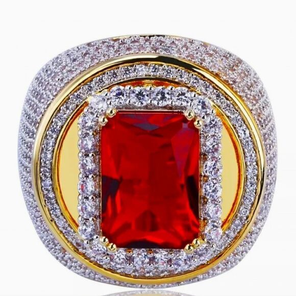 Princess Cut Ruby with White  Baguette  Diamonds Cocktail Ring 18k gold on 925 - Picture 2 of 3